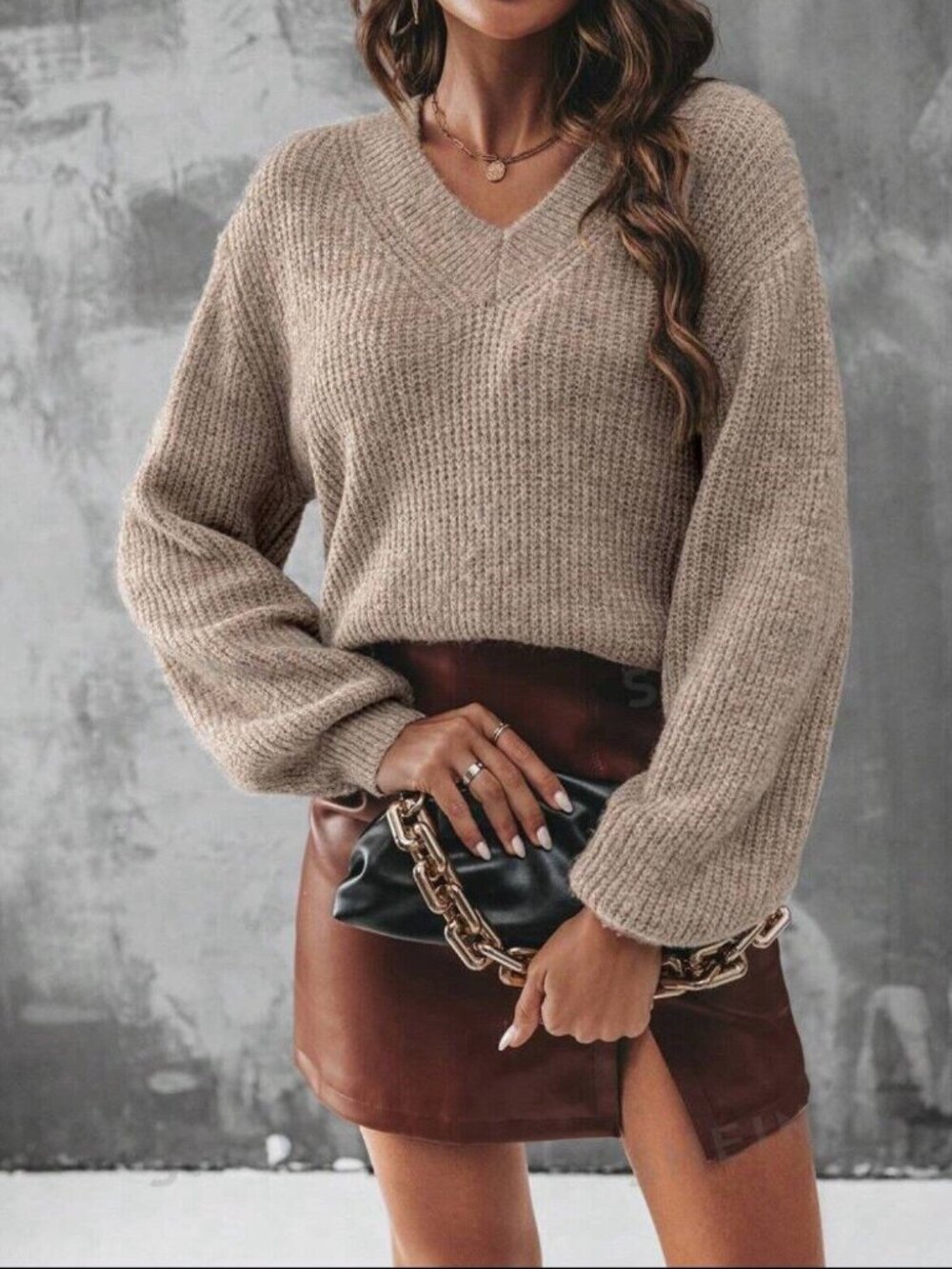 Tan Beige Brown Drop Shoulder V-Neck Knit Sweater Casual Top Slouchy Fall M 6